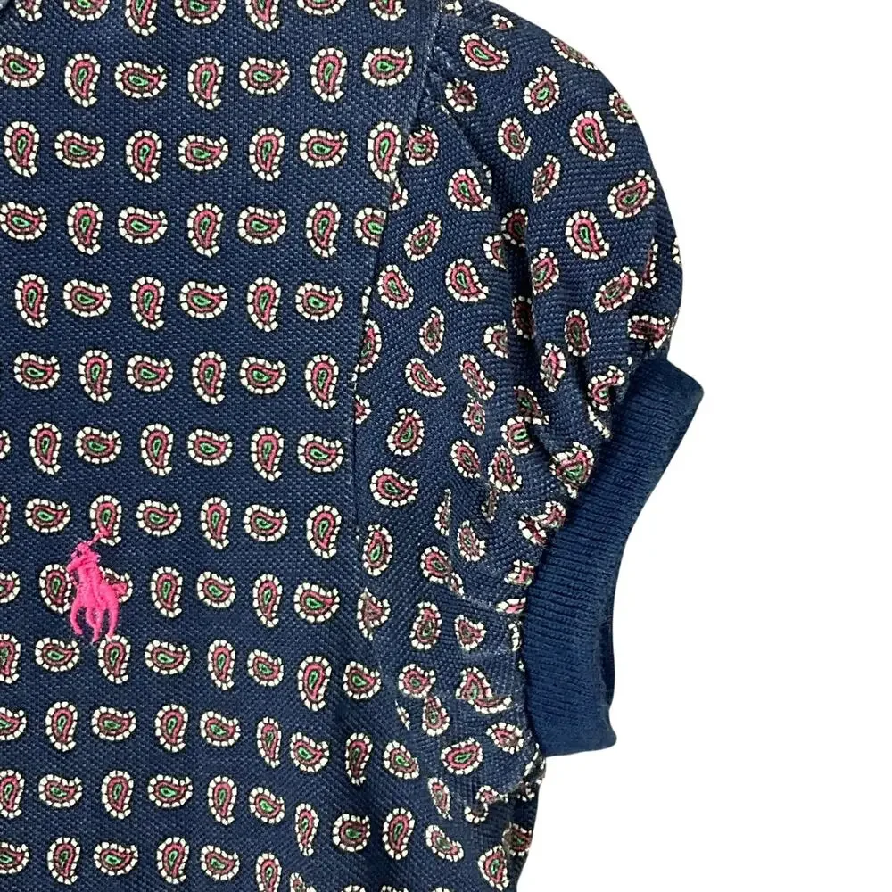 RALPH LAUREN Girls Dress Navy Blue Pink Paisley Ruffle Pony Logo Puff Sleeve 6